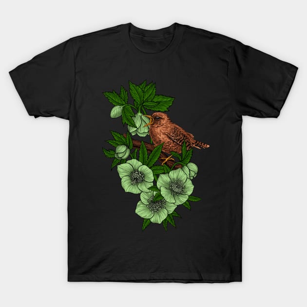 Wren and hellebore T-Shirt by katerinamk